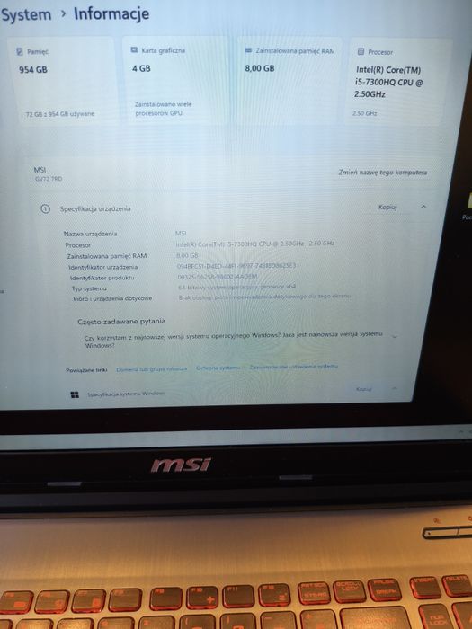 Laptop Gamingowy MSI GV72 7RD, bardzo dobry stan.