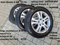 4 felgi aluminiowe ALU r16&quot; cali 6,5jx16 et55 rozstaw 5x114,3 Mazda 6 GH opony ZIMA Barum 205/60r16 koła