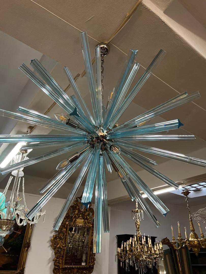 Lustre Sputnik 9 Lumes Vidro Azul e Metal Cromado - Itália Séc. XXI