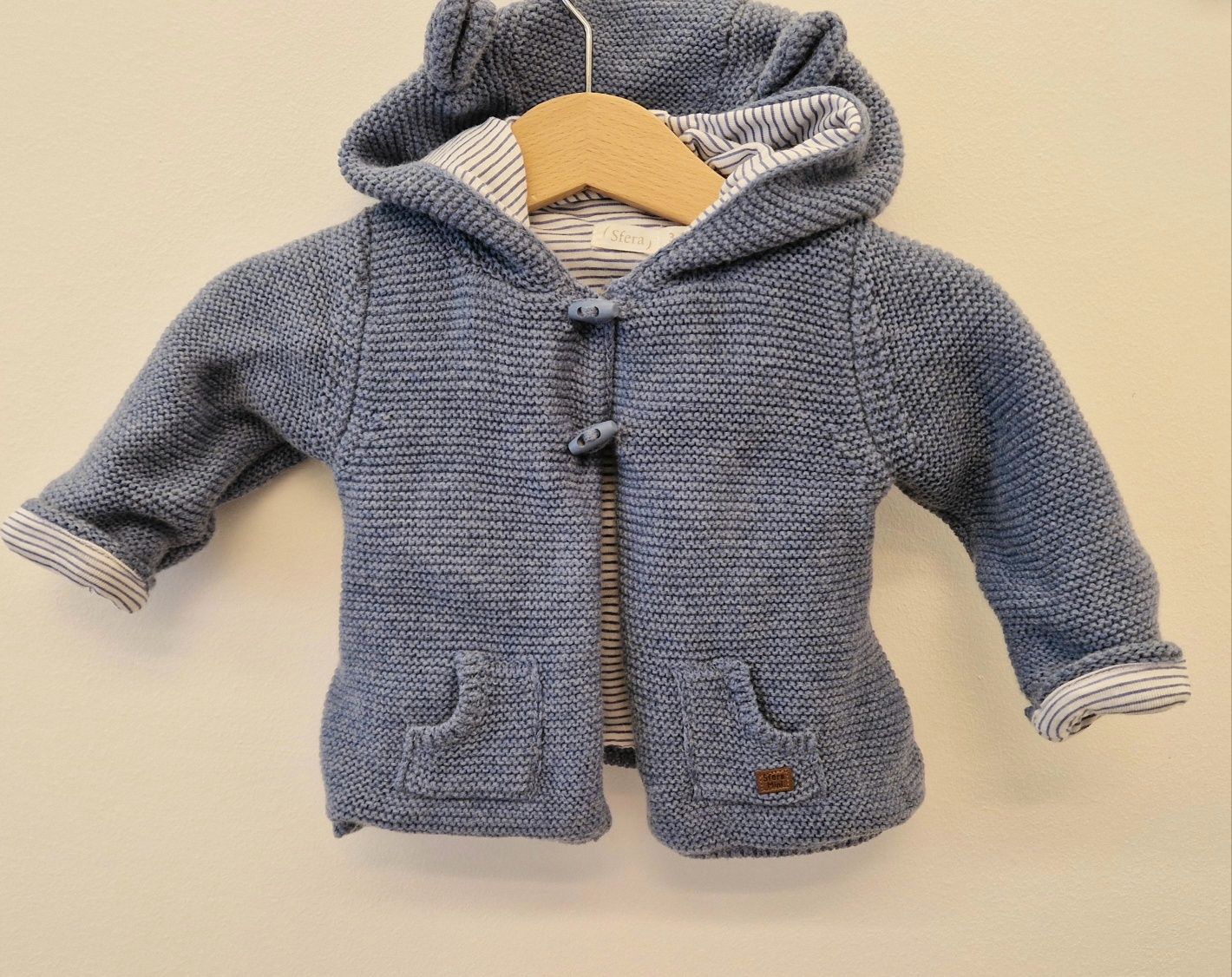 Casaco malha algodão 3/6 meses 68cm azul cinza roupa bebé