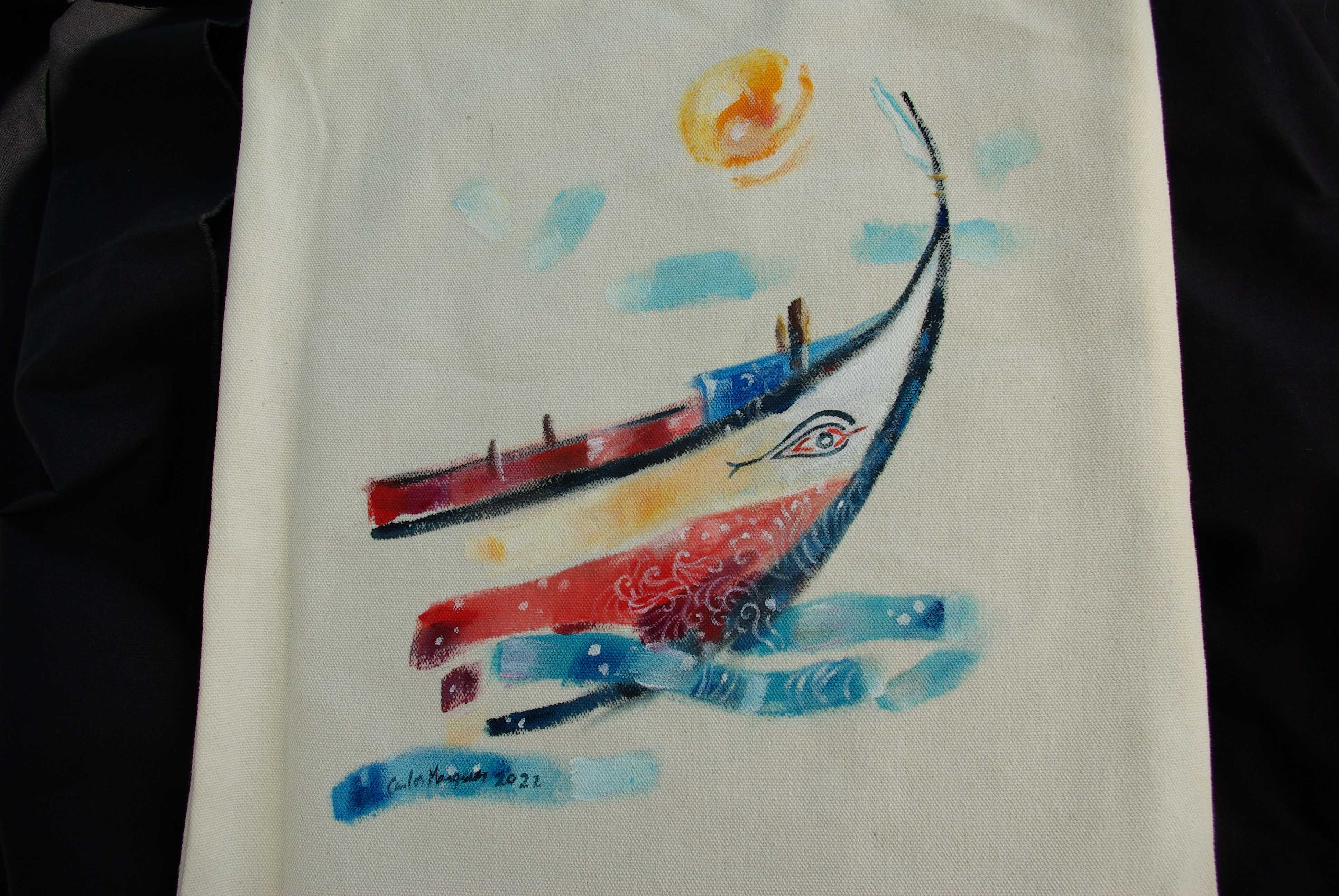 Tote Bag - Saco - Pintado à mão. Barco Costa da Caparica