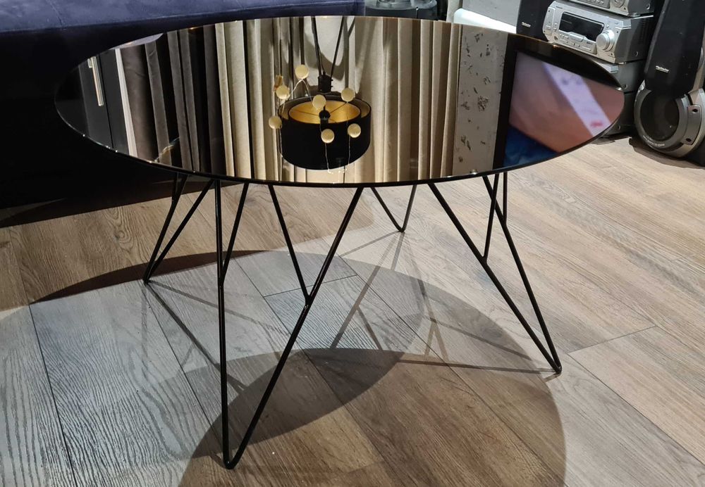 NOWY stolik kawowy okrągły szklany blat miedziany czarny lustro