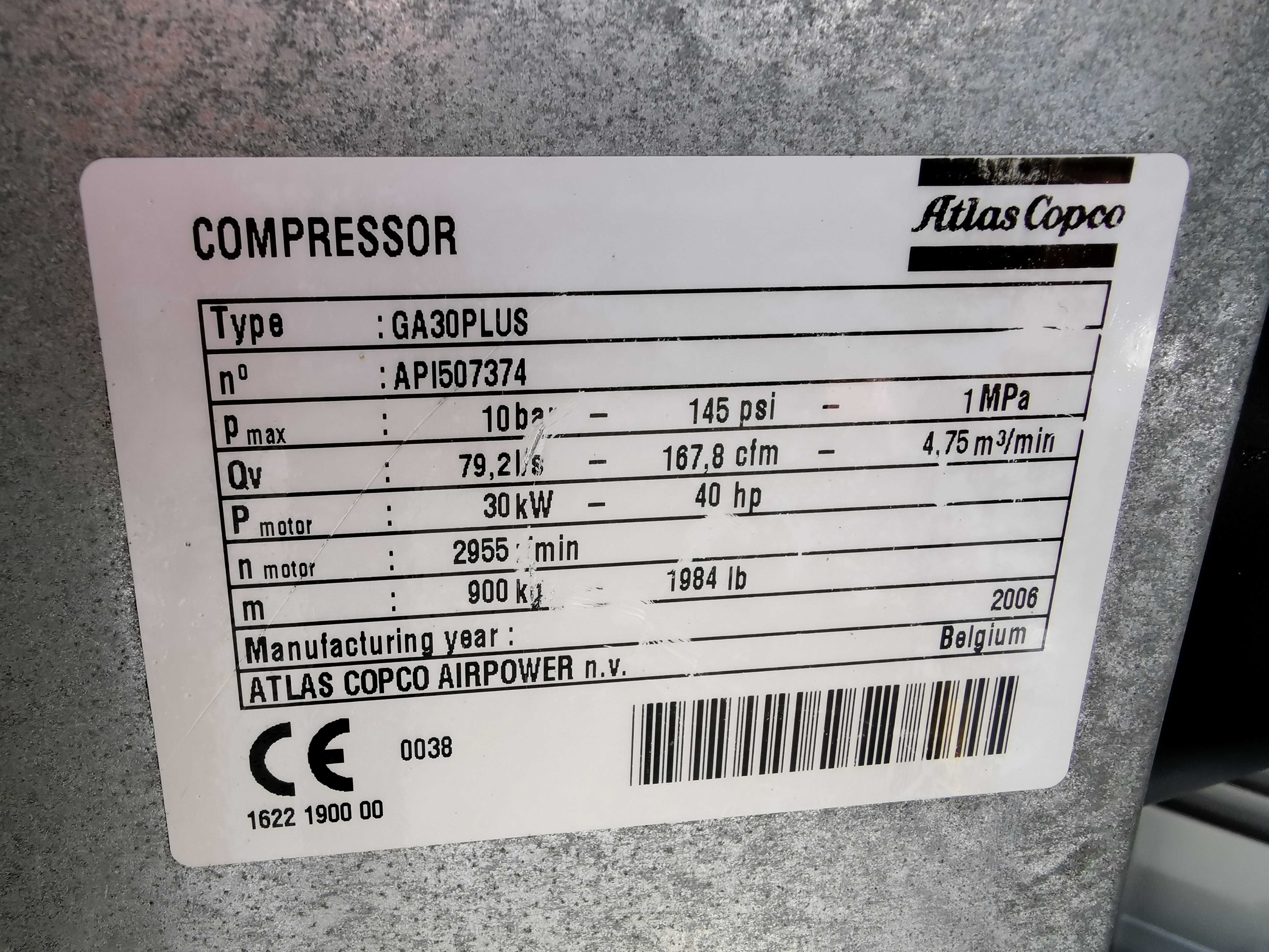 Sprężarka śrubowa ATLAS COPCO GA30+ kompresor 5000l/min  10bar!