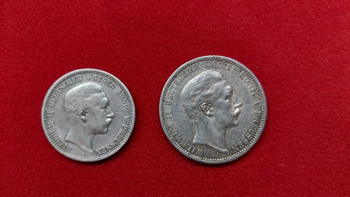 2x srebrna moneta 2 marki 1902, 3 marki 1908