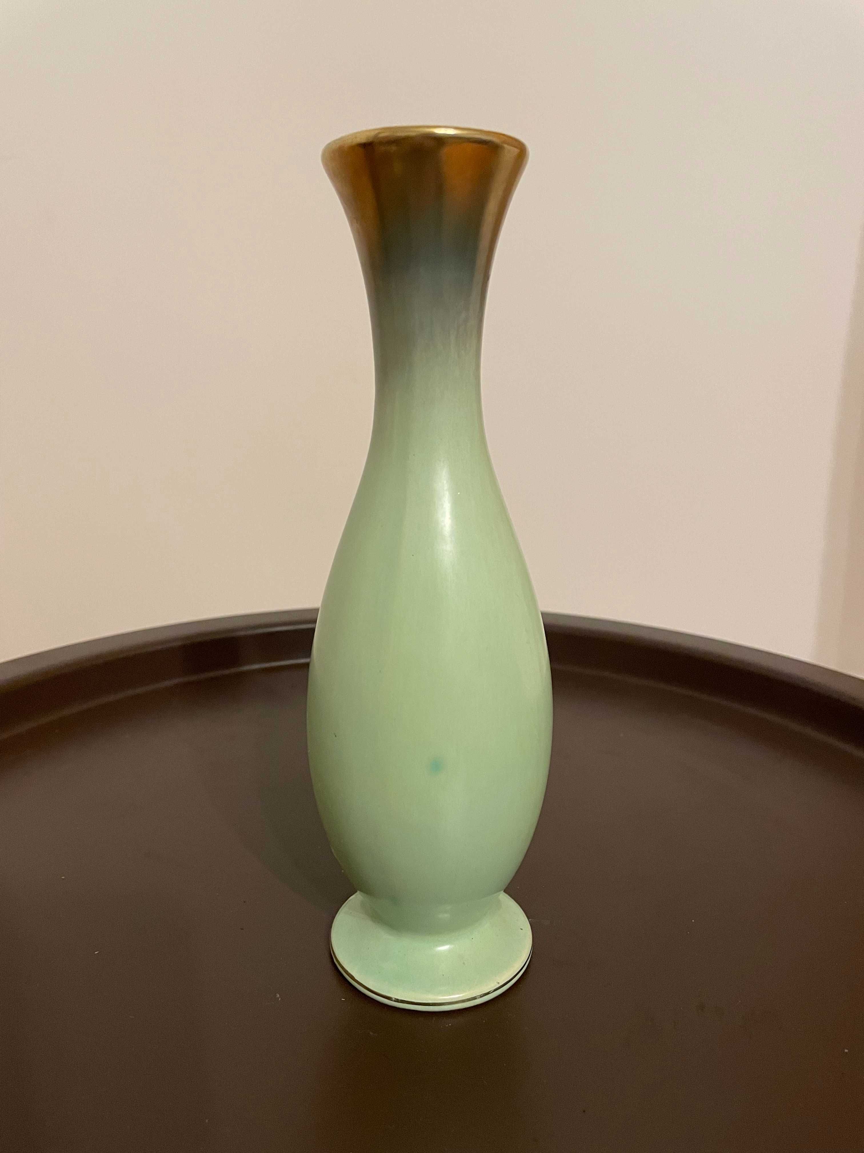 Wazon Vintage ceramiczny waza zielona złota