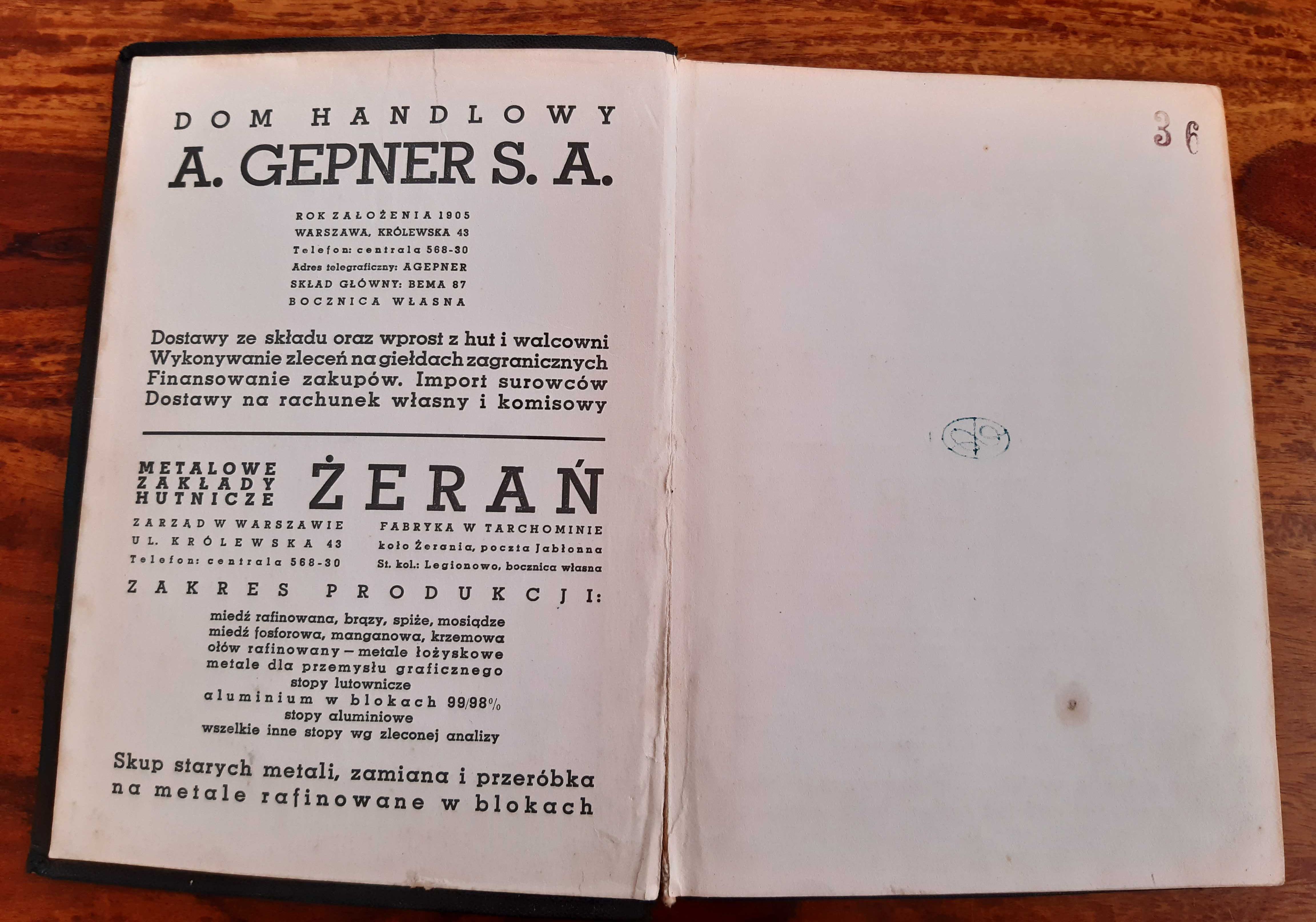 Książka z 1938 r. Metale półszlachetne i stopy. Dom Handlowy A. Gepner