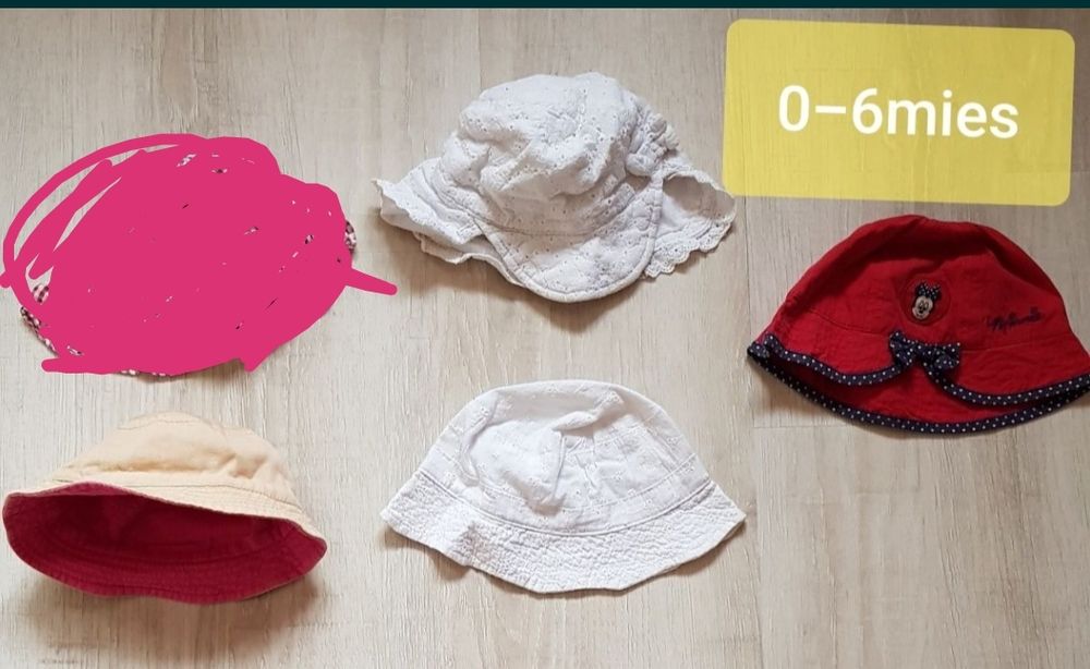 Czapeczki letnie dla dziewczynki 3-6 mies i kapelusik 0-6 mies