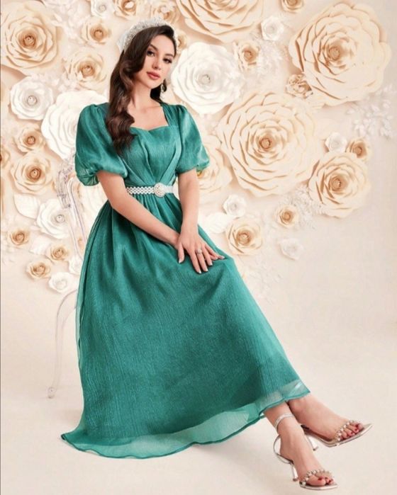 Elegancka sukienka długa zielona bufkami wesele L