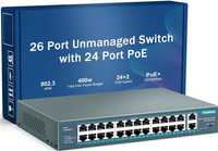 Yuanley 26 PoE Switch 24 PoE+100Mbps 2 Gigabit Uplink 802.3af/at