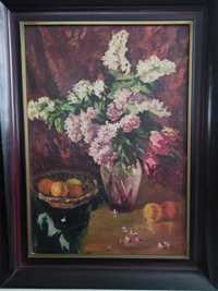 Duży, piękny obraz w ramie, na płótnie, kwiaty, bzy wym. 63x83 cm