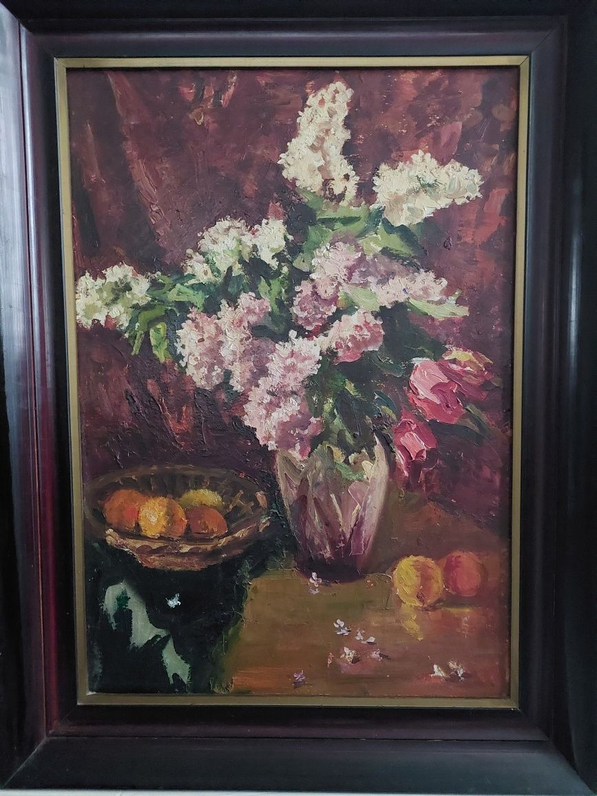 Duży obraz w ramie, na płótnie, kwiaty, bzy wym. 63x83 cm