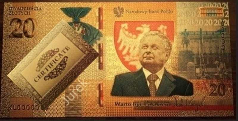 Złoty Banknot 20 zł LECH KACZYŃSKI ZŁOTO CERTYFIKAT Warto Być Polakiem