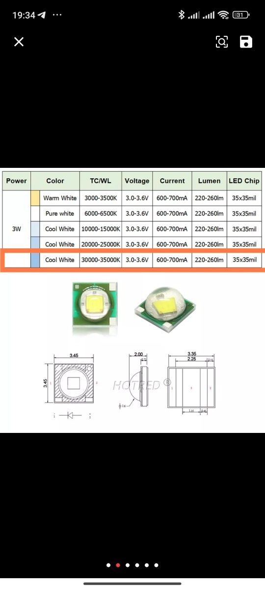Led 3w , 30 000k