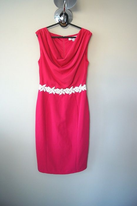 jtrozowa malinowa czerwona prosta dluga midi elegancka sukienka 38M 40