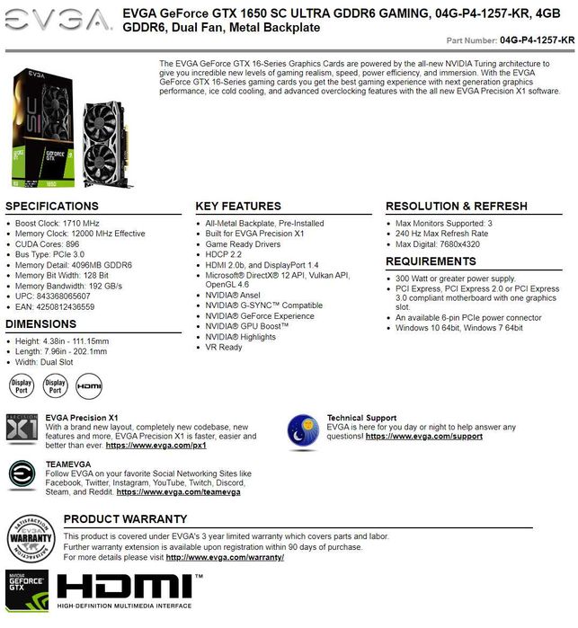 Placa Gráfica GeForce GTX1650 4Gb EVGA