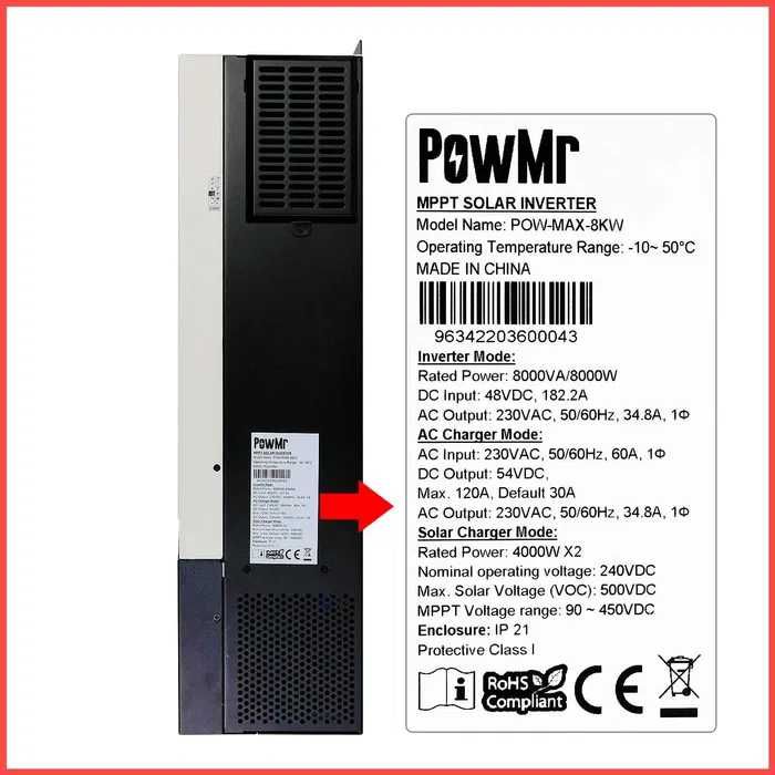 Гибридный инвертор Powmr 8000W -48V / Паралельная работа 3 фазы /8000W