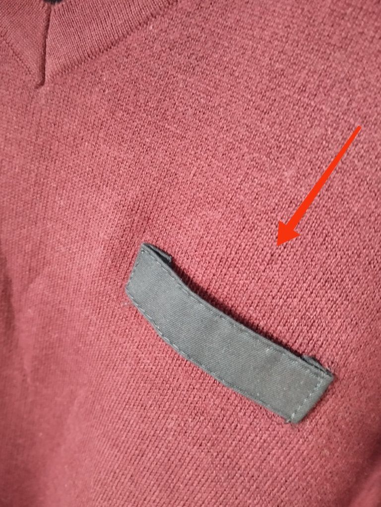 Bordowy męski sweter w serek z wełną r. M/L
