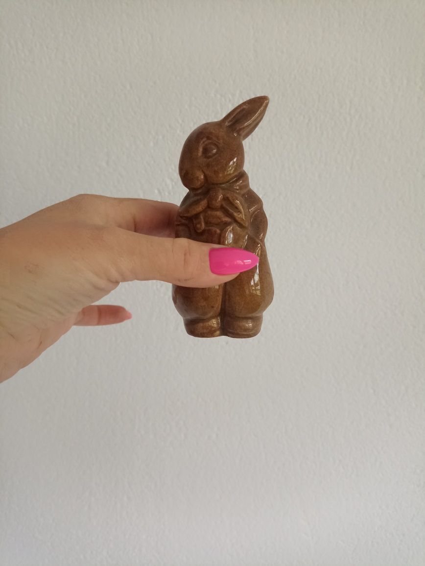Stara figurka królika PRL  glazurowana brązowa ceramika