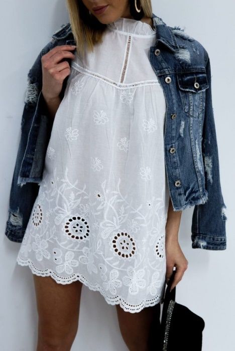 Biała*BOHO*Haftowana*Sukienka*Koronka*Gipiura*Stójka*R.XL/XXL