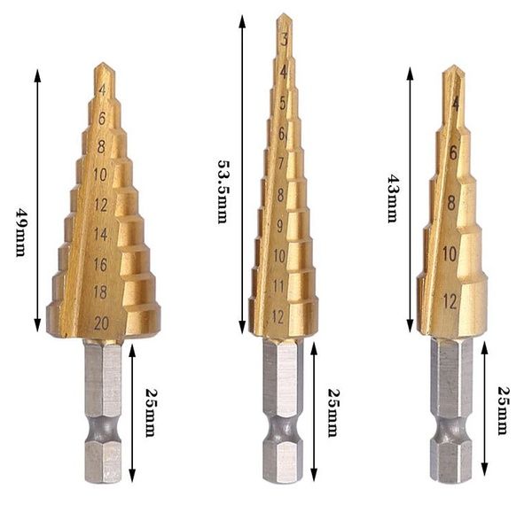 Конусные сверла 3-20 мм, 3 шт. набор. Ступенчатые сверла (HSS) с титан