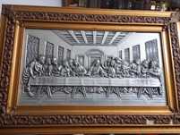 Quadro antigo ceia de Cristo em relevo de metal