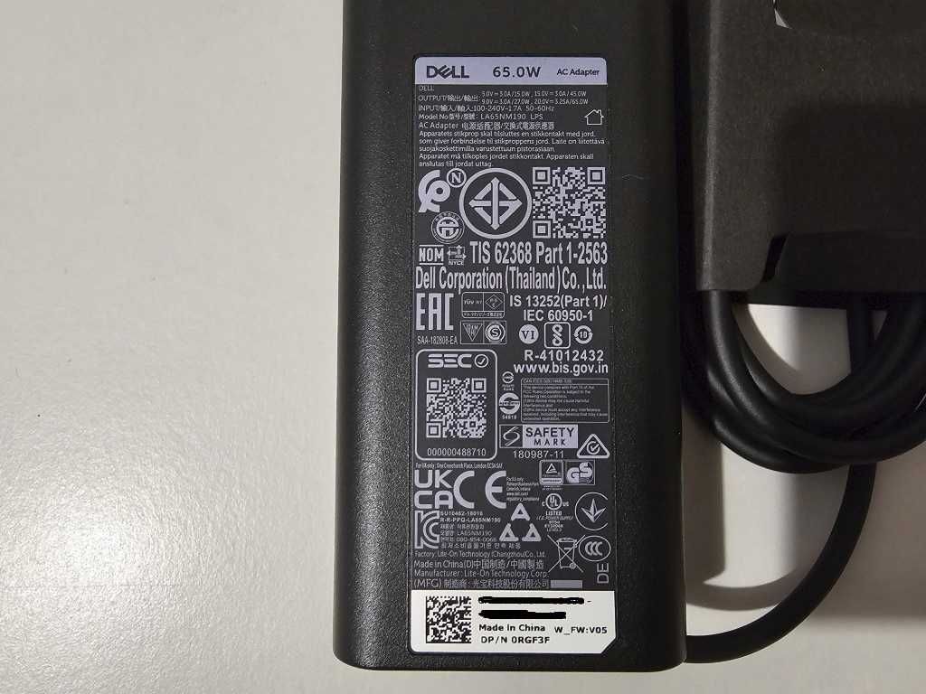 Oryginalny Zasilacz DELL 65W LA65NM190 LPS USB-C + Kabel - 5 sztuk