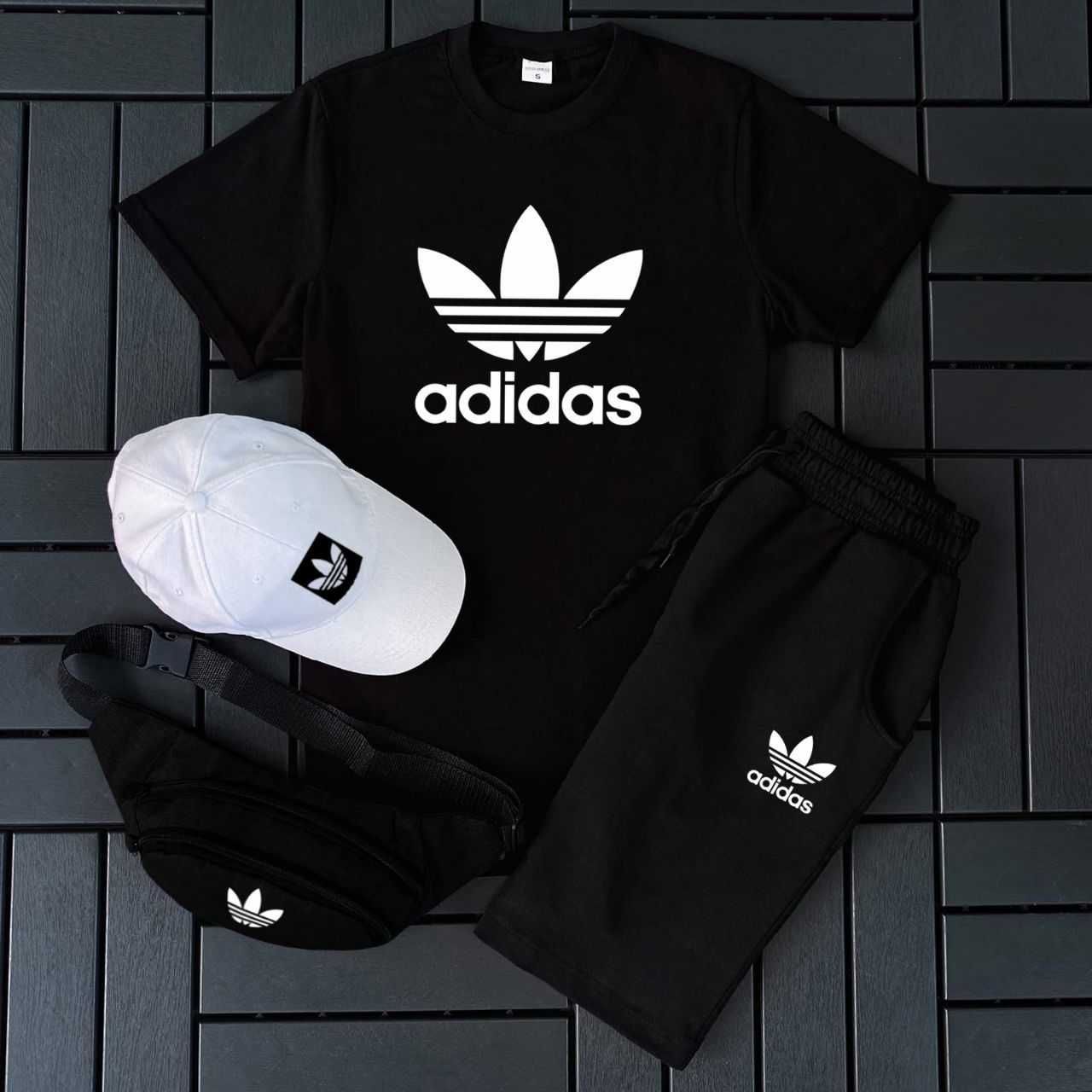 Шорти + футболка Adidas костюм спортивний на літо Адідас кепка бананка