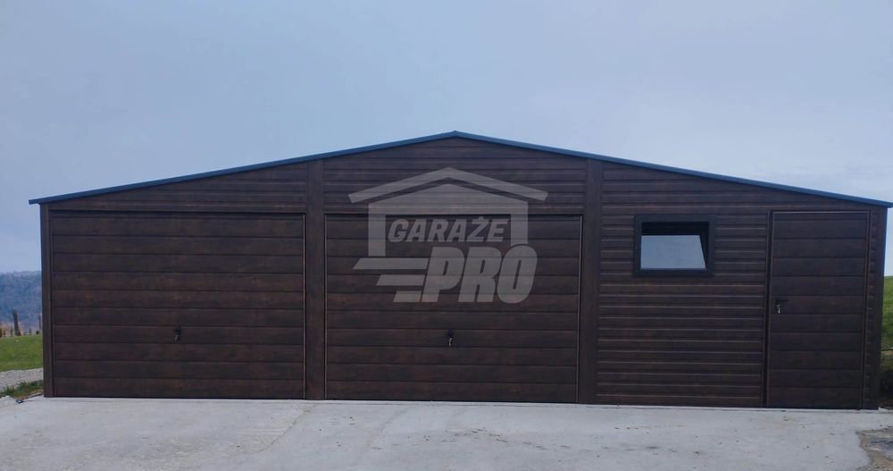 Garaż blaszany 9x6 drzwi - okno - Ciemny orzech Antracyt GP280