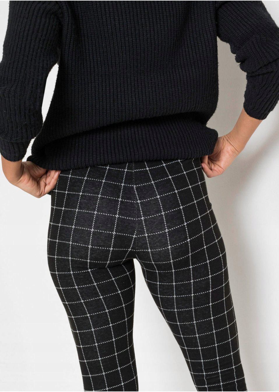 B.P.C legginsy czarne w białą kratę 32/34.