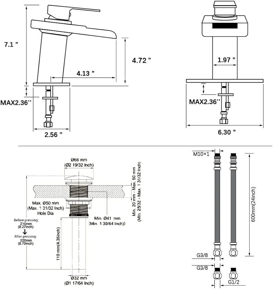Bateria umywalkowa led wodospad czarny mat