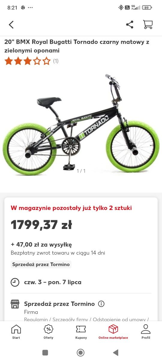 20" BMX Royal Bugatti Tornado czarny matowy z zielonymi oponami