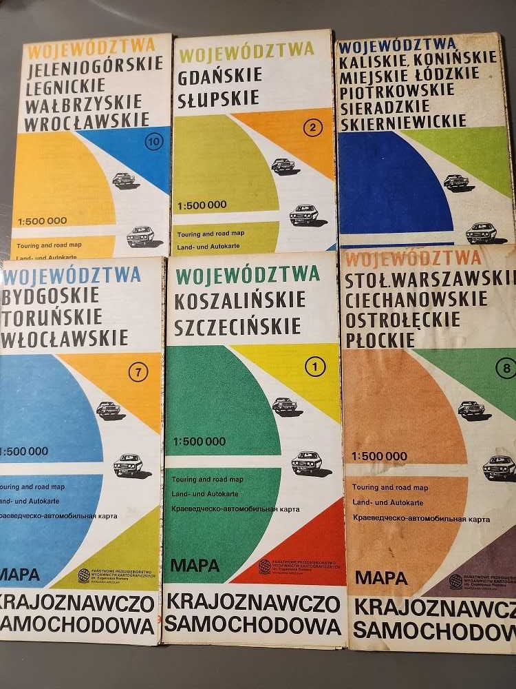 Zestaw 6 wojewódzkich map krajoznawczo samochodowych z roku 1989