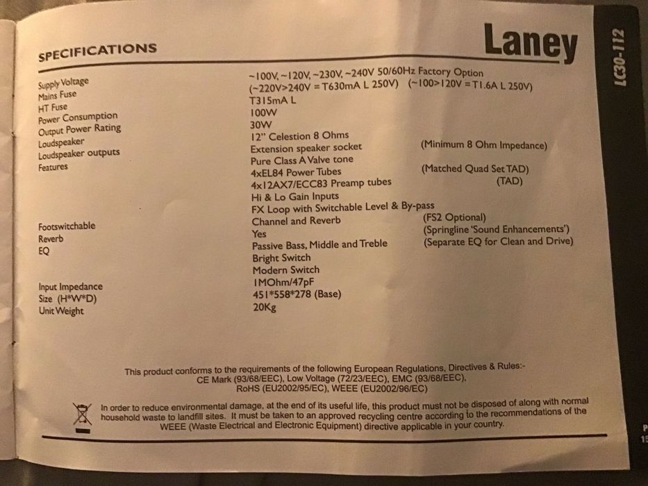 Amplificador Combo Válvulas Laney LC30 112