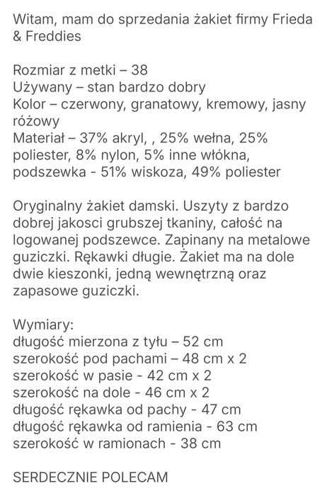 Frieda & Freddies ciepły żakiet z wełną r. 38
