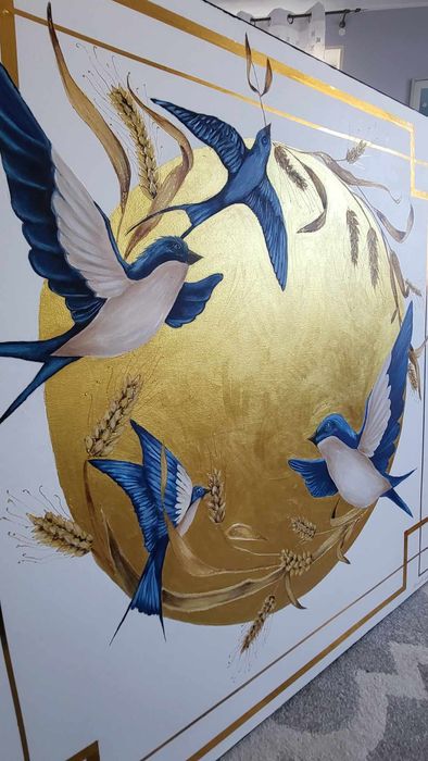 Obraz Jaskółki buszujące w zbożu 100x100 złoty niebieski