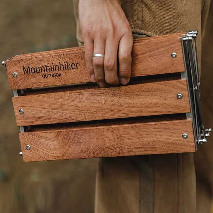 Przenośna, Składana Półka Kempingowa Stal Nierdzewna z Drewnem