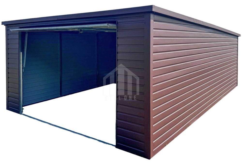 Garaż blaszany 4x5m - brama - ciemny brąz - dach spad w tył SO118