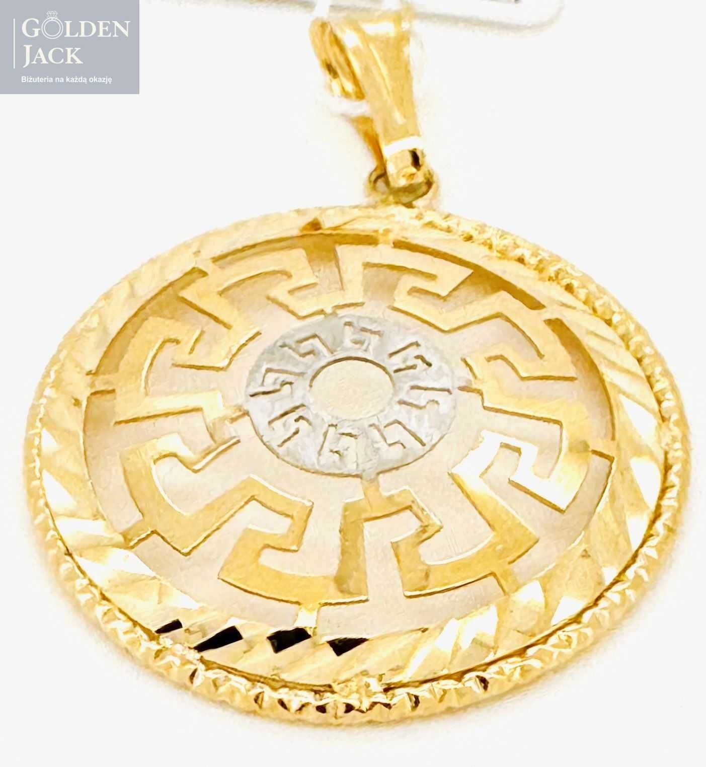 Złota zawieszka okrągły wisiorek motyw grecki złoto p. 585 2,06g 3,8cm