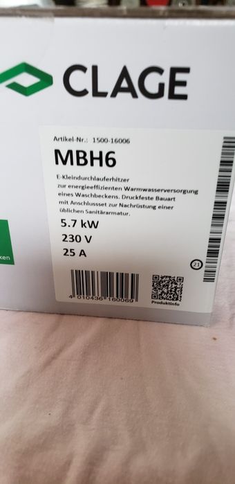 Електричний поточний водонагрівач clage mbh 6 (5,7) kw