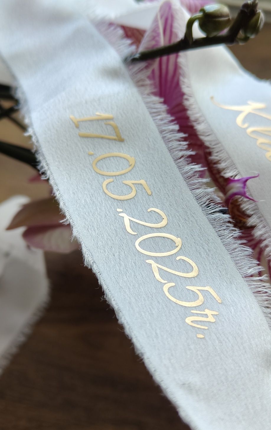 Jedwabna wstążka do bukietu ślubnego personalizowana imiona