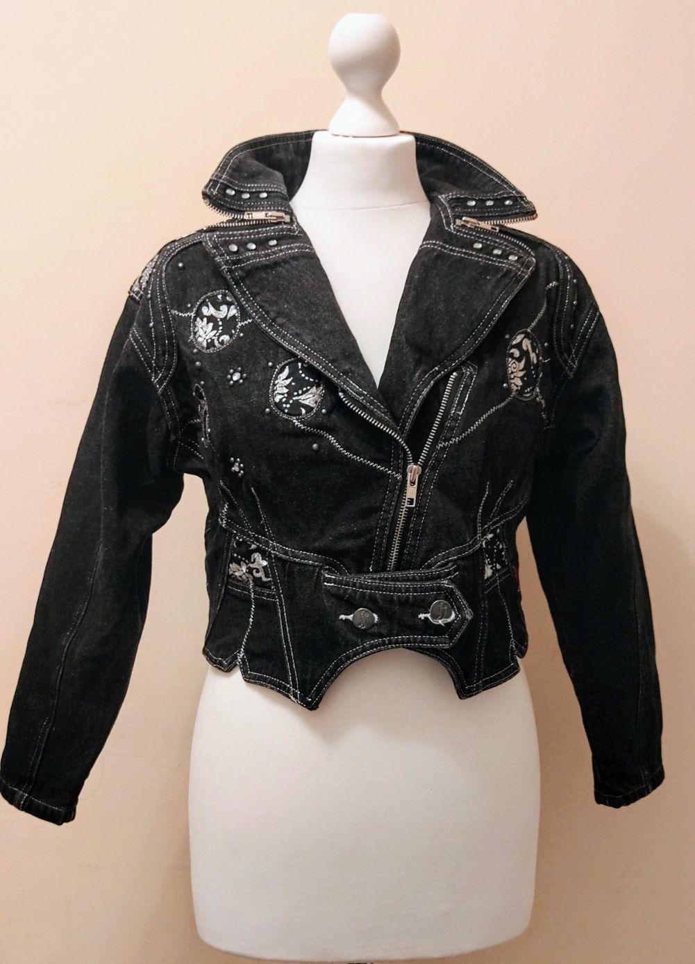 Ramoneska jeans,jeans jacket,katana,bluza czarna vintage rekaw 3/4 r.S