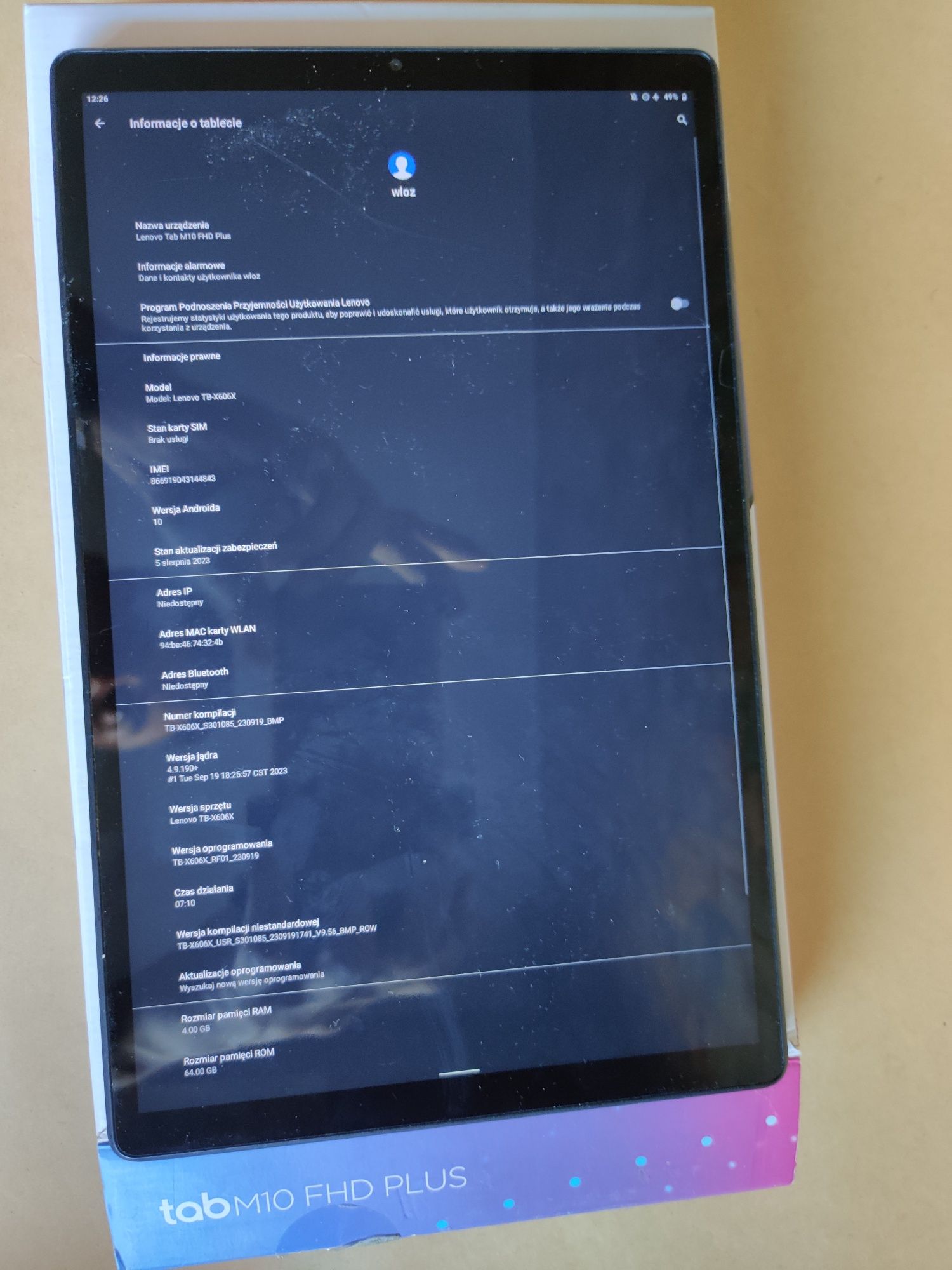 Lenovo tab M10 fhd plus SIM lte 64gb tb-x606x 10.3