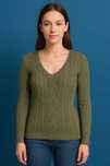 Sweter khaki zielony oliwkowy ozdoby warkocze bawełna bawełniany dekol