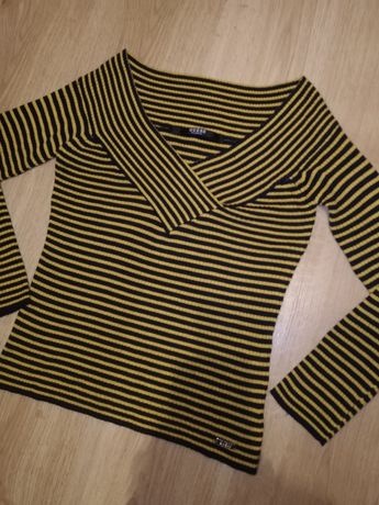 Sweter Guess XS 34 w paski żółto czarny obcisły dekold V