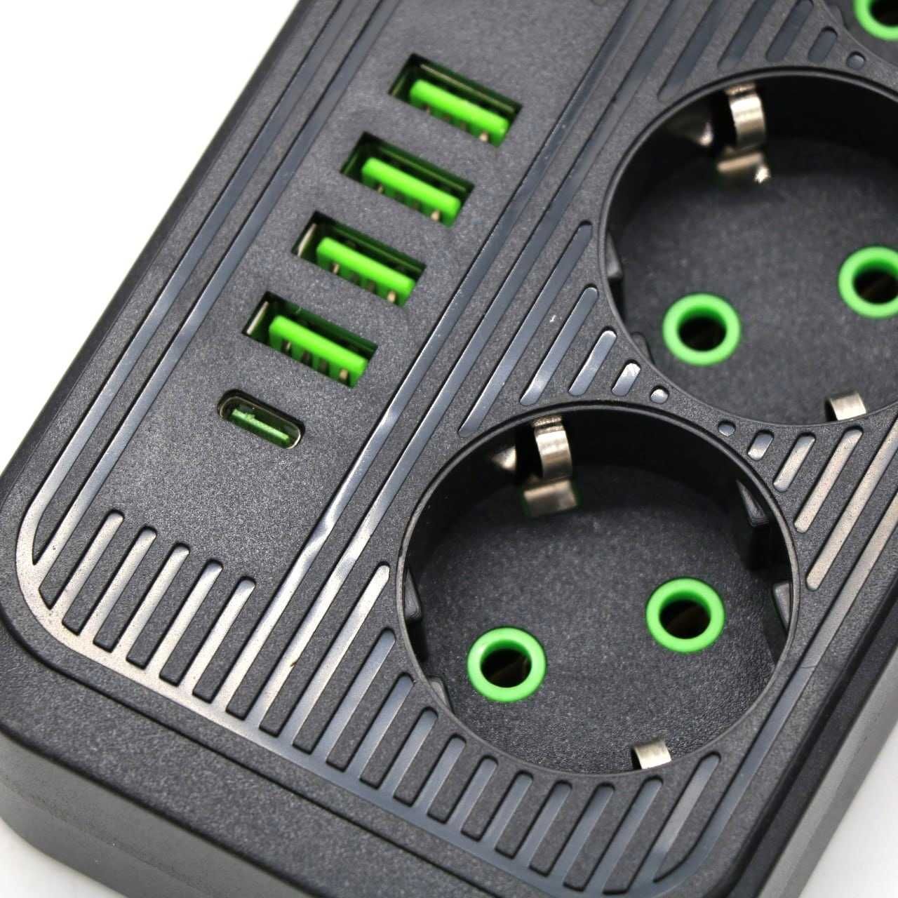 Удлинитель Сетевой фильтр 2500Вт, 2м, (3×220В + 4×USB + 1×Type-C)