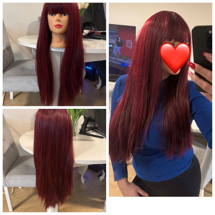 Peruka długa z grzywką burgundowa jak naturalna wisniowa