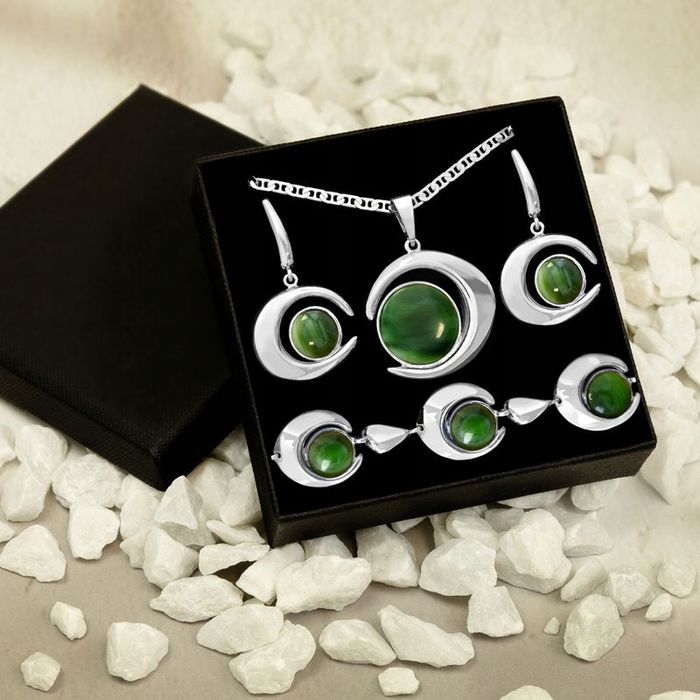 Komplet Biżuterii Srebrnej Łańcuszek Kamień Agat Próba 925 Bransoletka