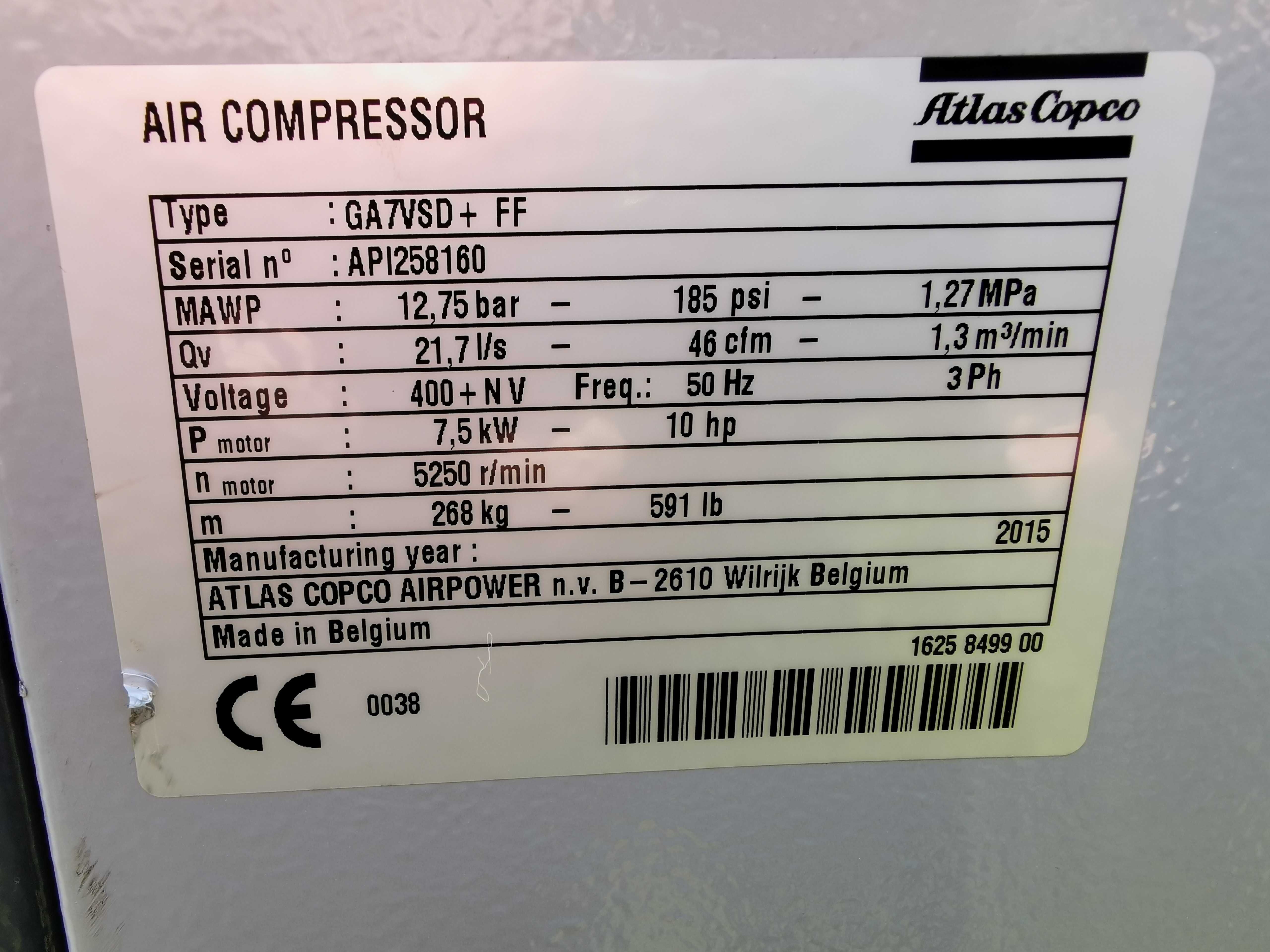 2015r 7.5kw FALOWNIK Sprężarka śrubowa ATLAS COPCO +osuszacz 1300L/M