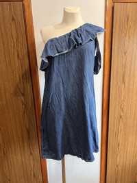 Sukienka jeansowa na jedno ramię z jednym ozdobnym rękawem