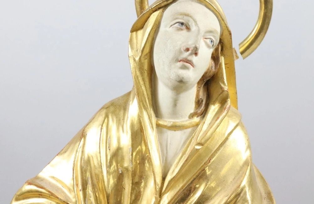 Figura Drewno Matka Boska w złotych szatach XVIII-XIX 50cm polichro